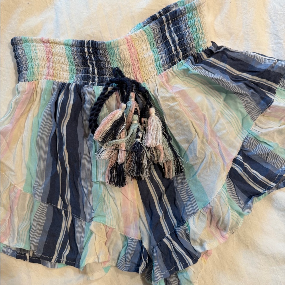 Surf Gypsy Navy, Light Blue, Pink and Cream Striped Ruffle Shorts